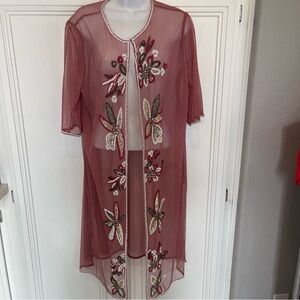 Vintage Tan Chho  Beaded Embroidered Jacket Duster Women's Salmon Pink Mesh